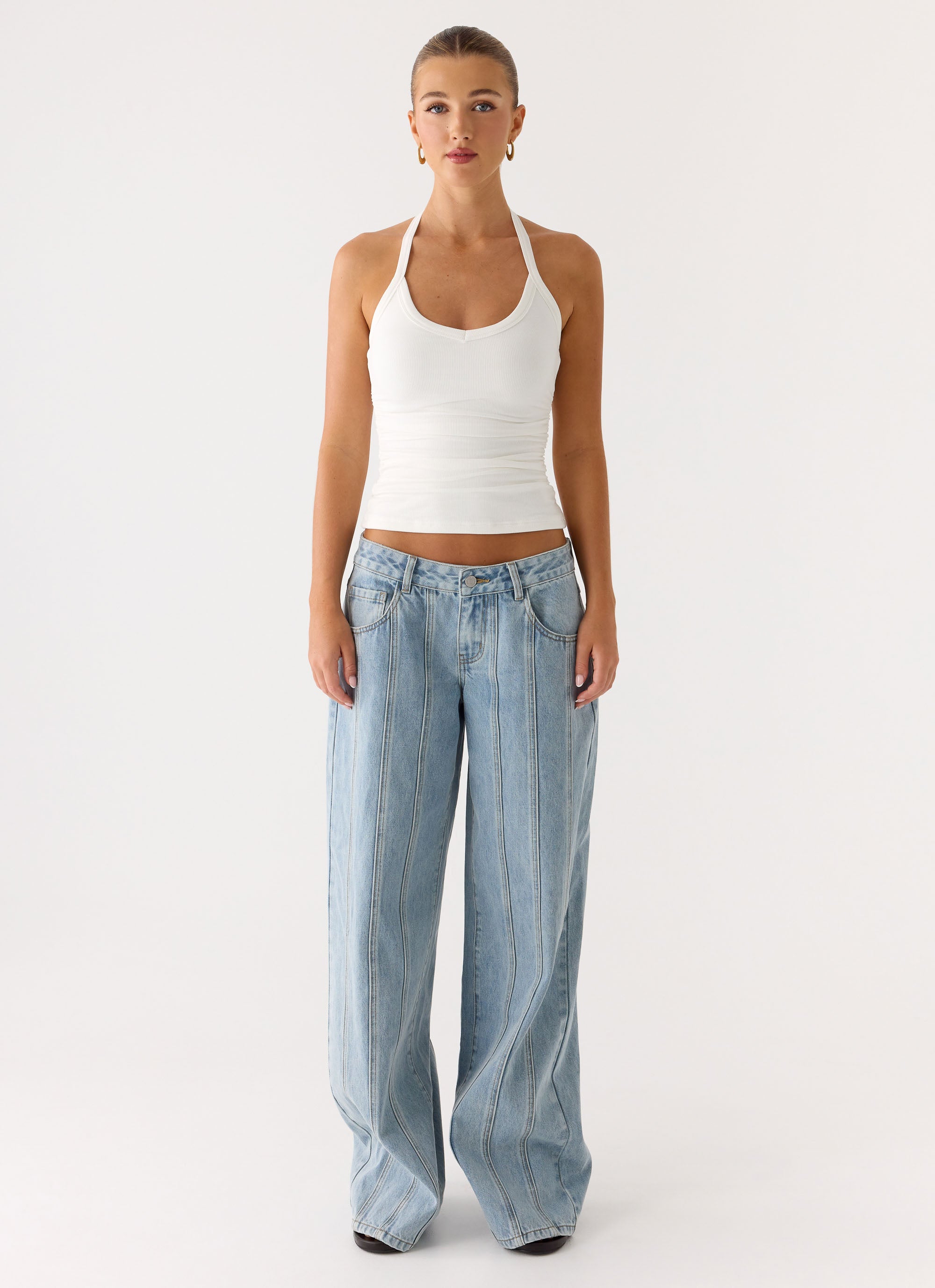 Naturi Ribbed Halter Top - White