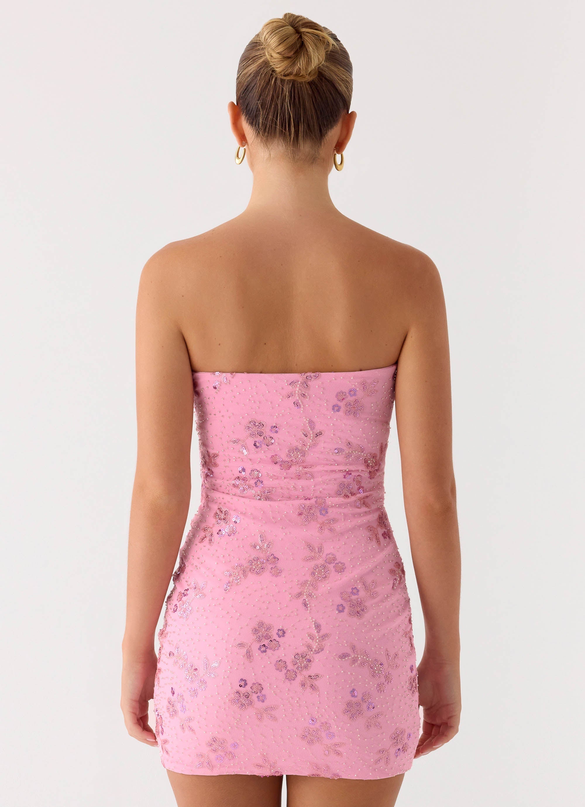 Push Back Beaded Sequin Mini Dress - Pink